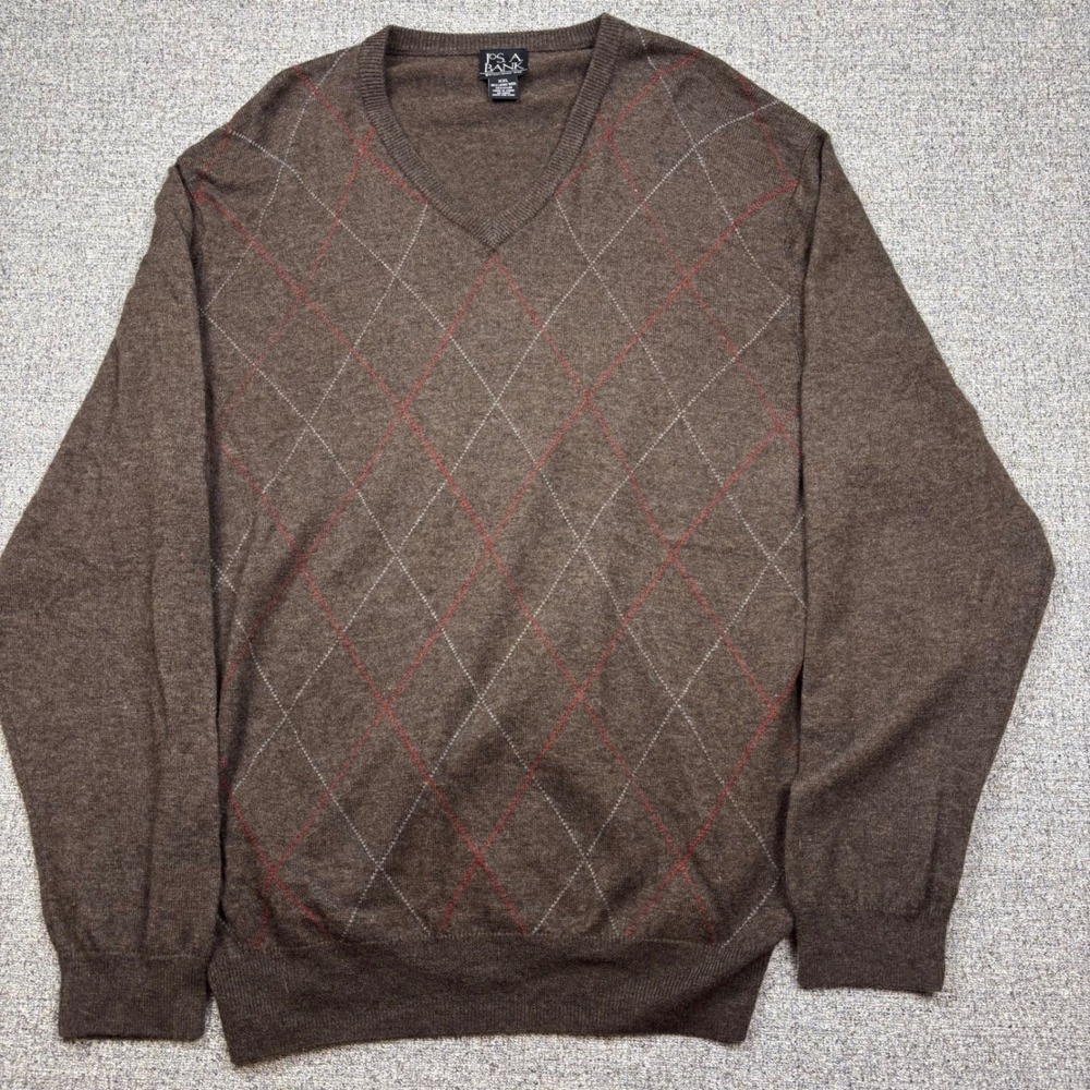 Jos A Bank Mens XXL Brown Argyle Lambswool Blend V-Neck Sweater Long Sleeve